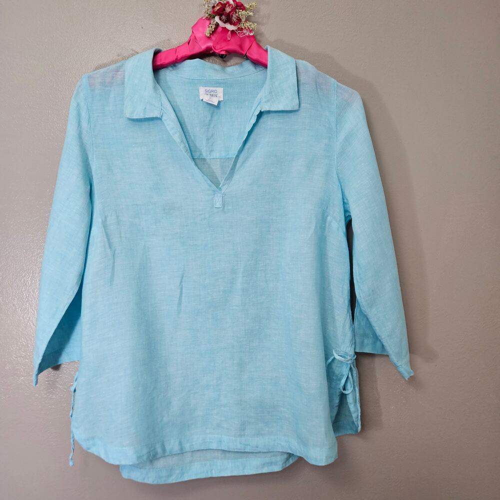 Sigrid Olsen 100% Linen Aqua Tunic Blouse Size L Lagenlook CoastalGrandma Old$